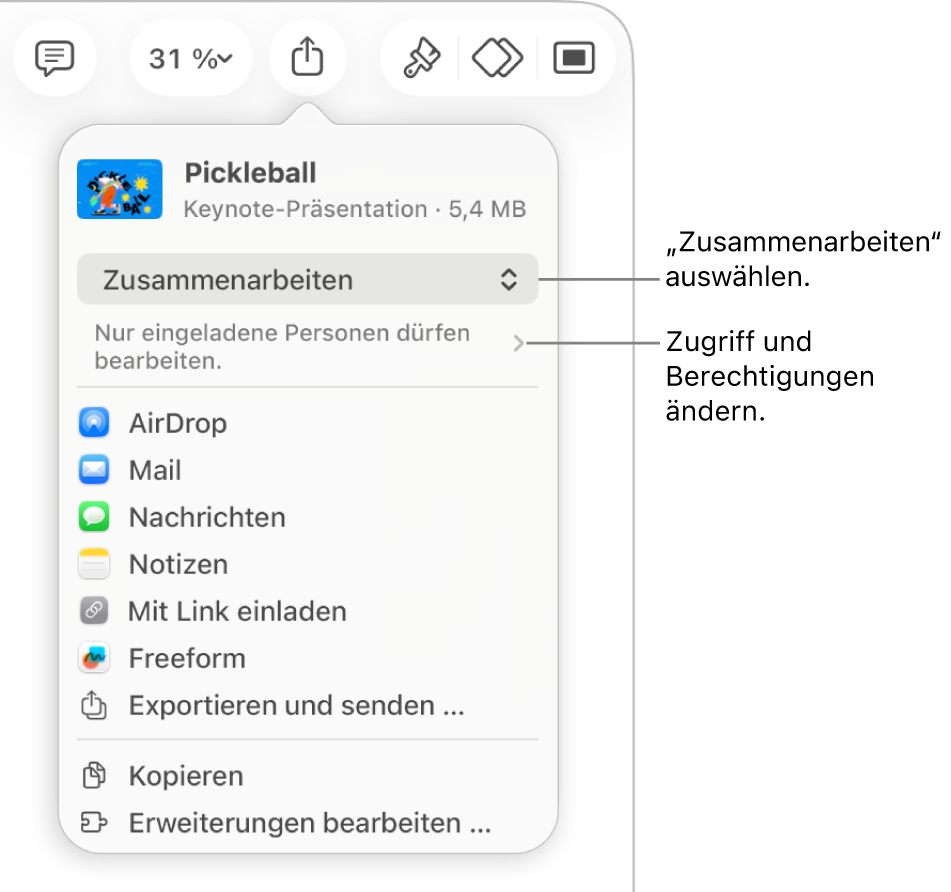 Im Menü „Teilen“ ist „Zusammenarbeiten“ oben ausgewählt und die Einstellungen für Zugriff und Berechtigungen befinden sich darunter.