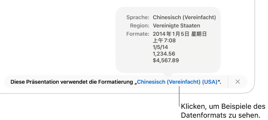 Die Mitteilung zur anderen Sprache und Region mit Beispielen der Formatierung in dieser Sprache und Region.