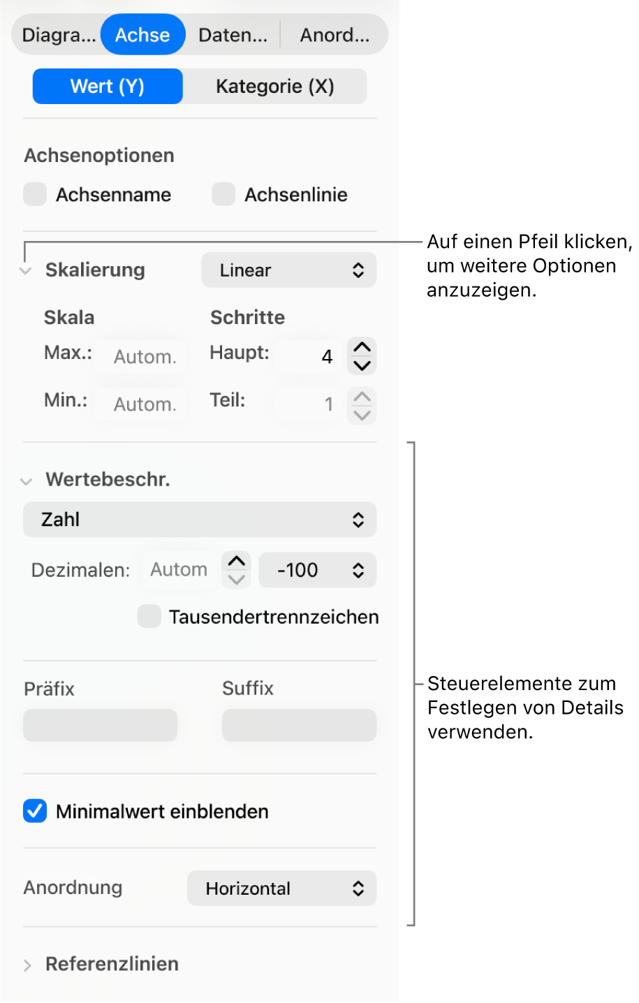 Steuerelemente zum Formatieren der Markierungen auf den Diagrammachsen