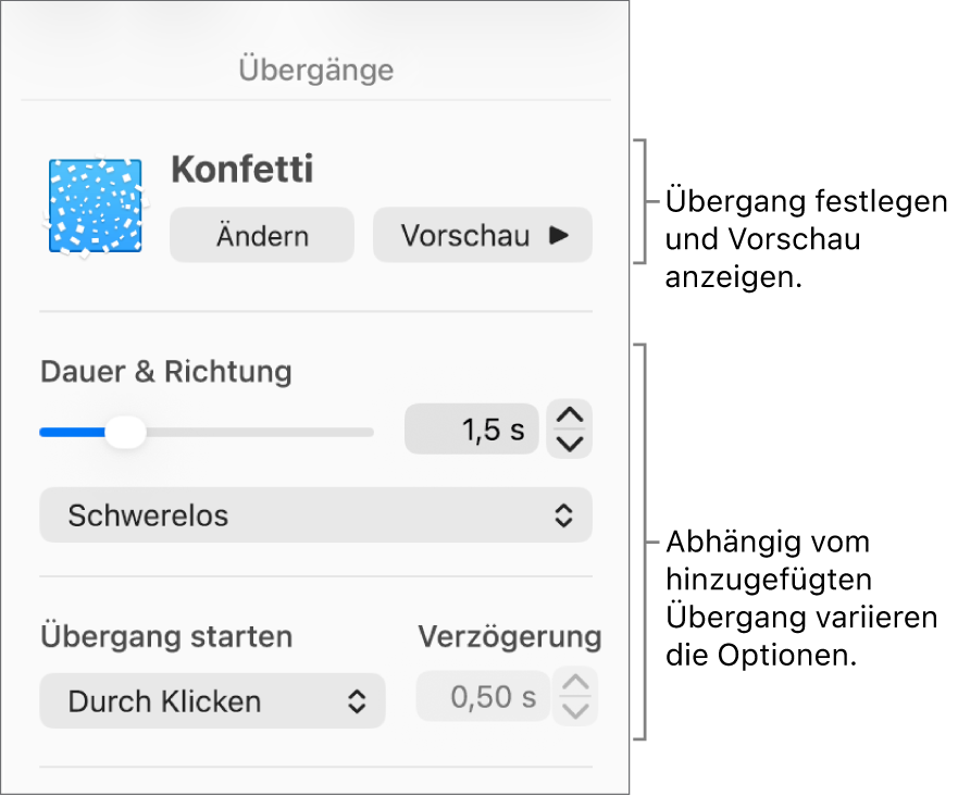 Steuerelemente für Übergänge im Bereich „Übergänge“ in der Seitenleiste