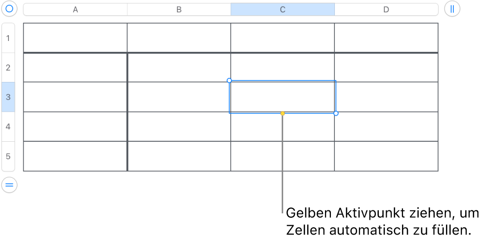 Eine ausgewählte Zelle mit einem gelben Aktivpunkt, den du zum automatischen Ausfüllen der Zellen ziehen kannst.