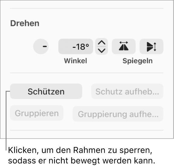 Die Objektsteuerelemente „Drehen“, „Schützen“ und „Gruppieren“ und die Taste „Schützen“ ist markiert.