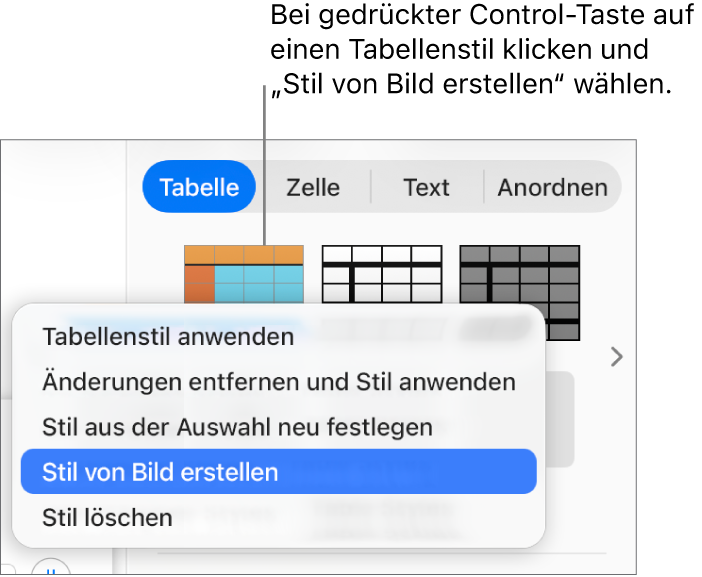 Das Kontextmenü für den Tabellenstil