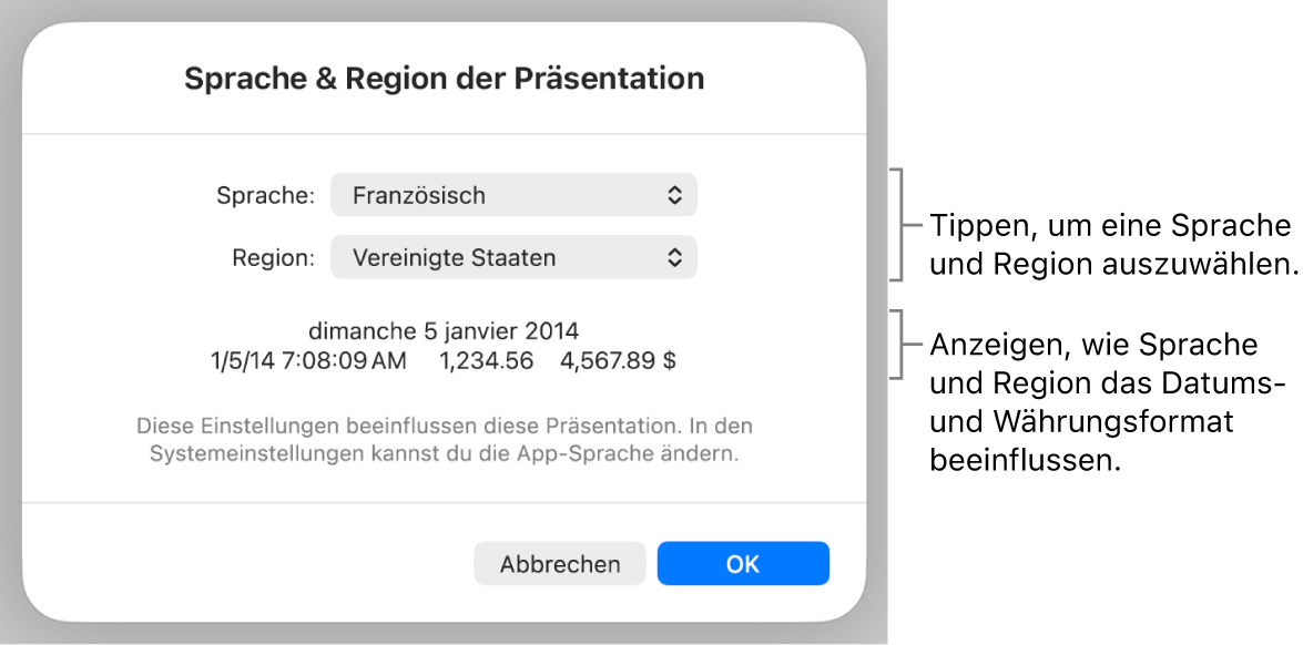 Der Bereich „Sprache & Region“ mit Einblendmenüs für Sprache und Region sowie einem Formatierungsbeispiel für Datum, Uhrzeit, Dezimalstellen und Währung.
