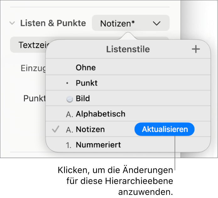 Das Einblendmenü „Listenstile“ mit einer Taste „Aktualisieren“ neben dem Namen des neuen Stils