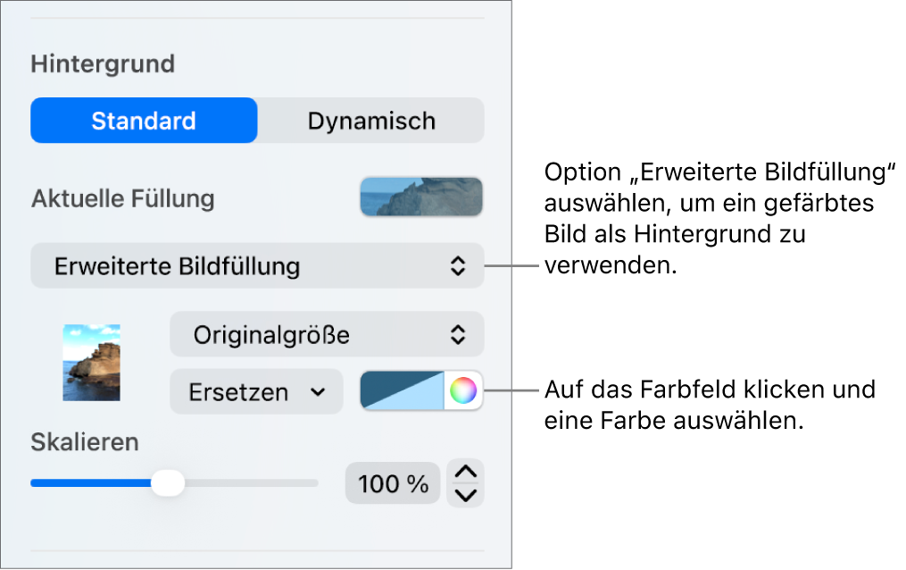 Die Steuerelemente „Hintergrund“ mit farbiger Option „Erweiterte Bildfüllung“, die als Folienhintergrund festgelegt ist.