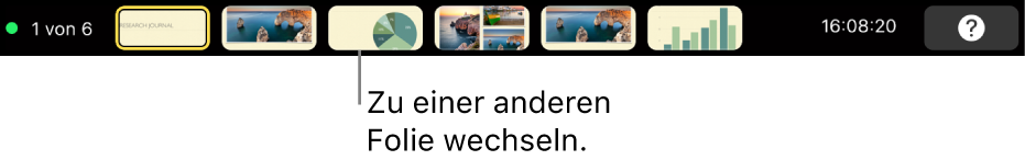 Die MacBook Pro-Touch Bar mit Steuerelementen zum Verlassen der Präsentation, zum gezielten Wechseln zu Folien und Wechseln des Moderatormonitors.