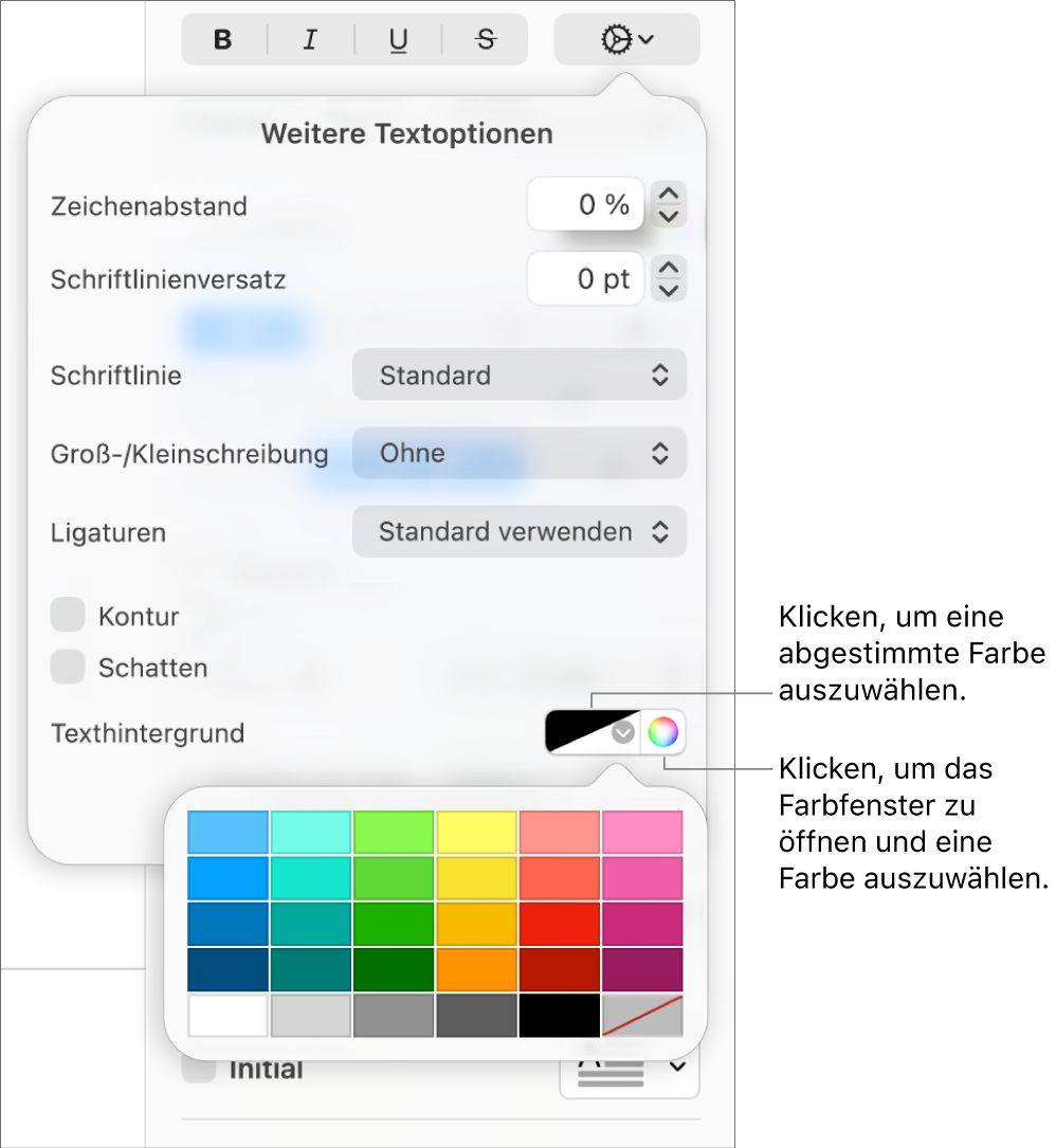 Steuerelemente zur Auswahl einer Hintergrundfarbe für Text.