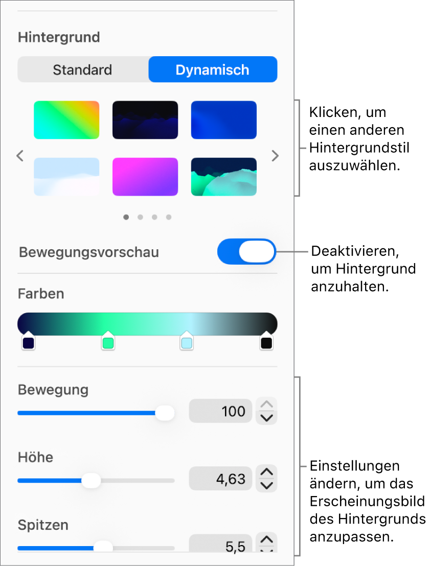 Die ausgewählte Taste „Dynamisch“ im Bereich „Hintergrund“ der Seitenleiste „Format“ mit den dynamischen Hintergrundstilen, dem Steuerelement „Bewegungsvorschau“ und den Steuerelementen für die Darstellung