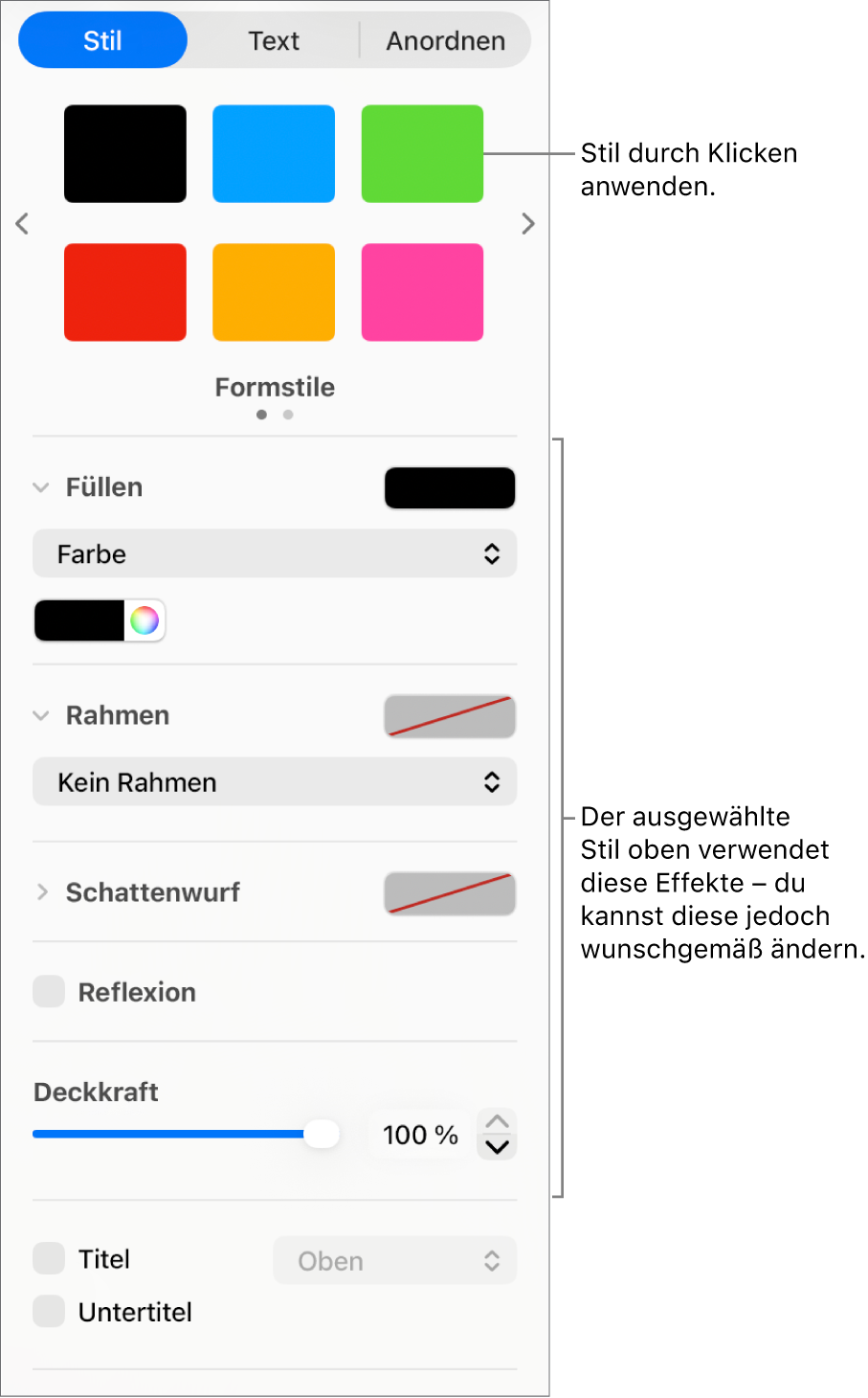 Formstile und -optionen im Bereich „Format“ der Seitenleiste