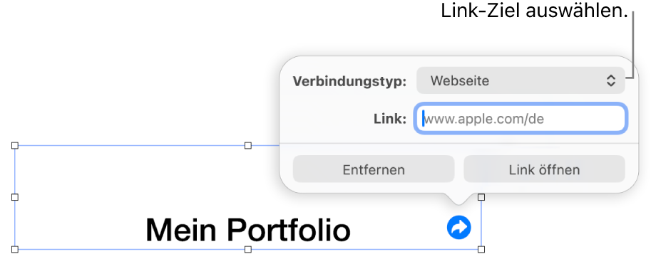 Die Steuerelemente des Linkeditors mit ausgewählter Webseite und den Tasten „Entfernen“ und „Link öffnen“ unten.
