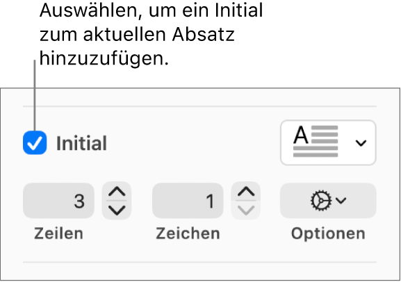 Das Feld „Initial“ ist markiert und rechts davon wird ein Einblendmenü angezeigt; Steuerelemente zur Einstellung der Zeilenhöhe, der Anzahl der Zeichen und weitere Optionen erscheinen darunter.