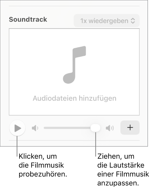 Die Steuerelemente „Soundtrack“ mit der markierten Taste „Wiedergeben“ und dem markierten Lautstärkeregler