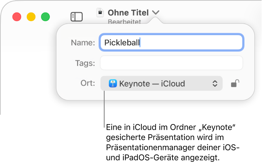 Der Dialog „Sichern“ für eine Präsentation mit der ausgewählten Option „Keynote – iCloud“ im Einblendmenü „Ort“.