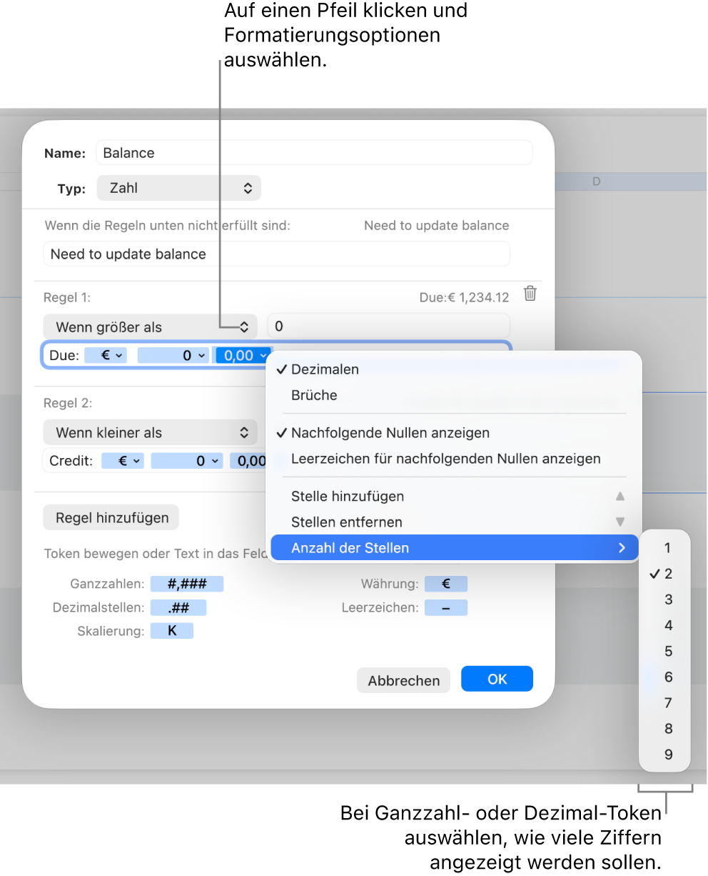 Das Fenster für ein eigenes Zellenformat mit Steuerelementen zum Erstellen eines eigenen Zahlenformats