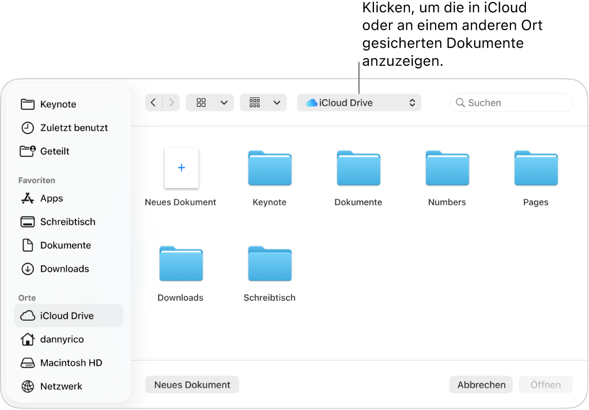 Das Dialogfenster „Öffnen“ mit der geöffneten Seitenleiste links und dem Einblendmenü oben, in dem iCloud Drive ausgewählt ist. Im Dialogfenster werden die Ordner für Keynote, Numbers und Pages und die Taste „Neues Dokument“ angezeigt.
