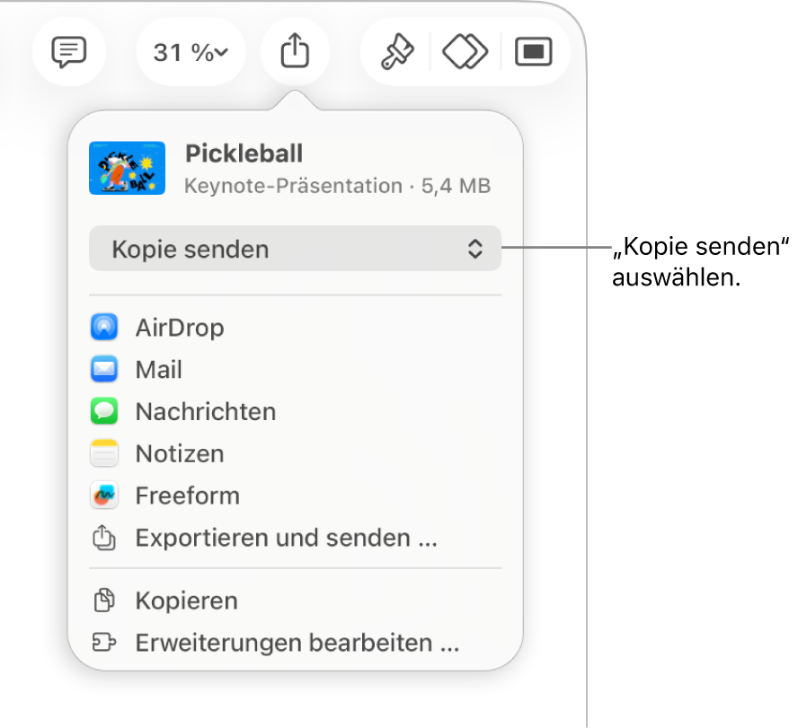 Das Menü „Teilen“, in dem „Kopie senden“ oben ausgewählt ist.
