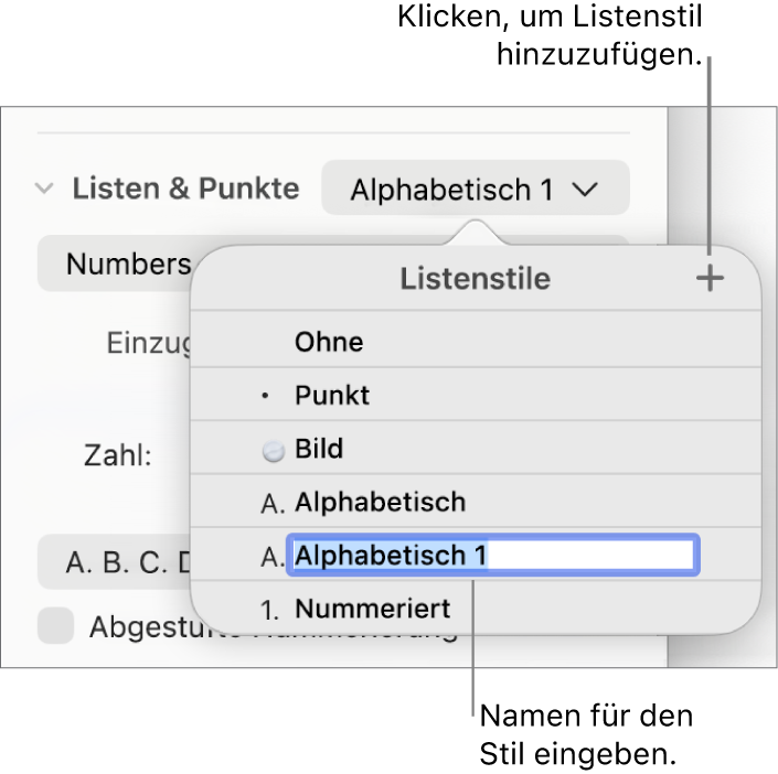 Das Einblendmenü „Listenstile“ mit einer Taste „Hinzufügen“ oben rechts und einem Platzhalter für einen Stilnamen mit ausgewähltem Text