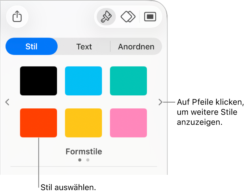 Der Tab „Stil“ der Seitenleiste „Format“ mit sechs Objektstilen und Navigationspfeilen links und rechts daneben.