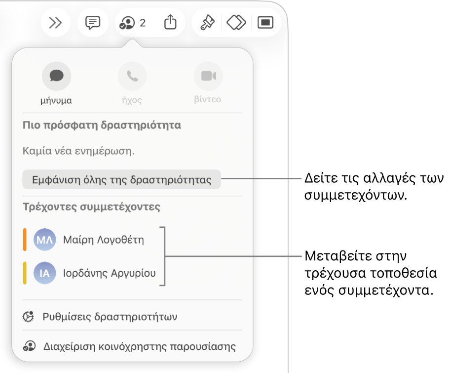 Το μενού συνεργασίας με δύο τρέχοντες συμμετέχοντες.