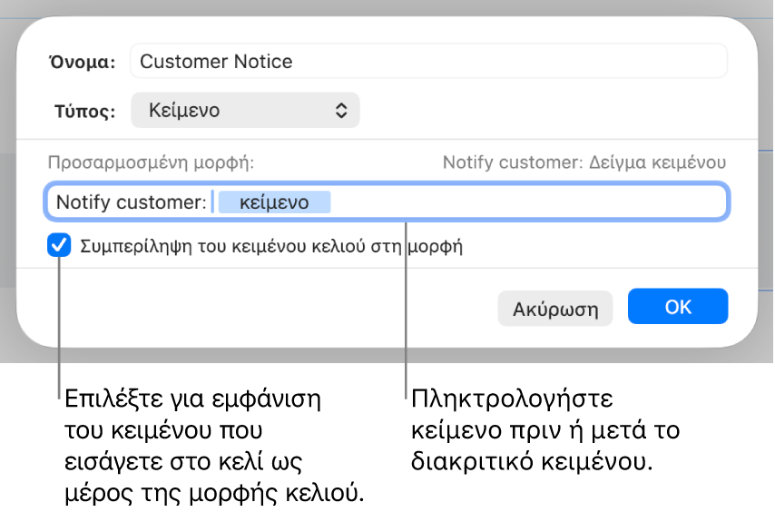 Προσαρμοσμένη μορφή κελιού κειμένου.