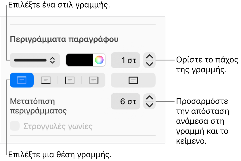 Στοιχεία ελέγχου για την αλλαγή του στιλ, πάχους, θέσης και χρώματος γραμμής.