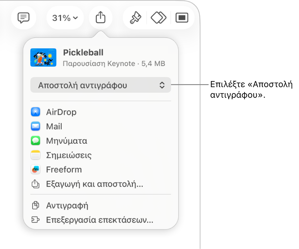 Το μενού «Κοινή χρήση» με επιλεγμένη την «Αποστολή αντιγράφου» στο πάνω μέρος.
