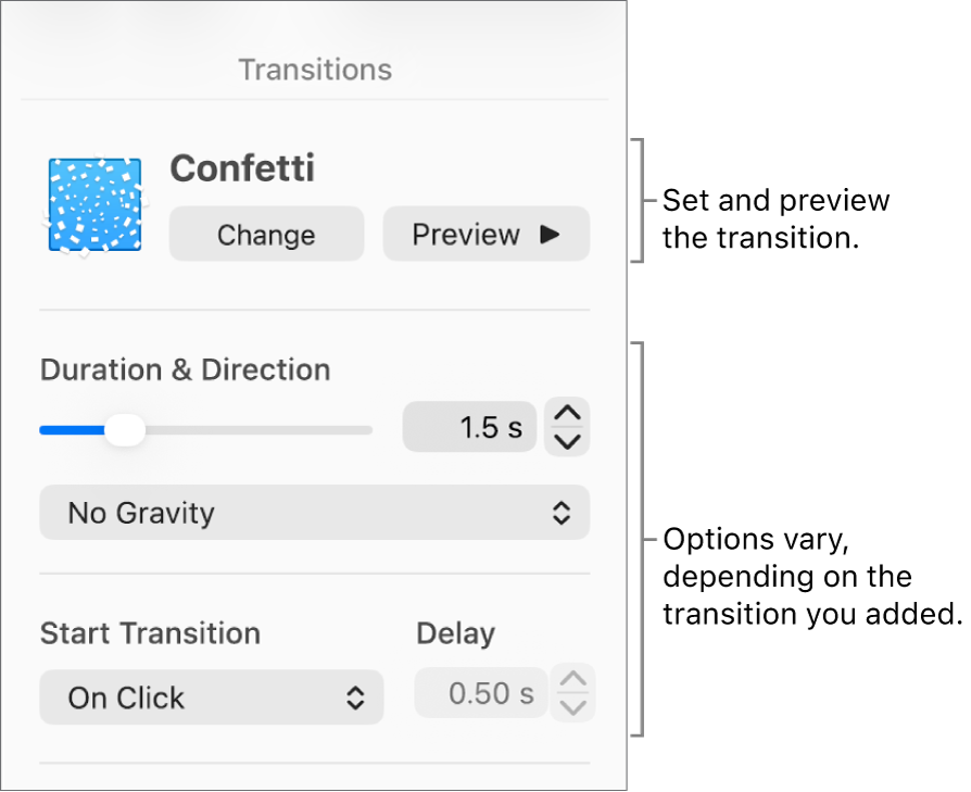 Transition controls in Transitions section of the sidebar.
