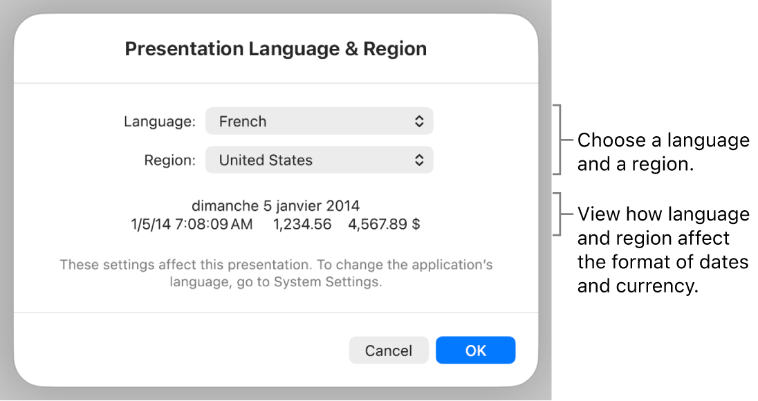 Language & Region pane with controls for language and region, and a format example including date, time, decimal and currency.