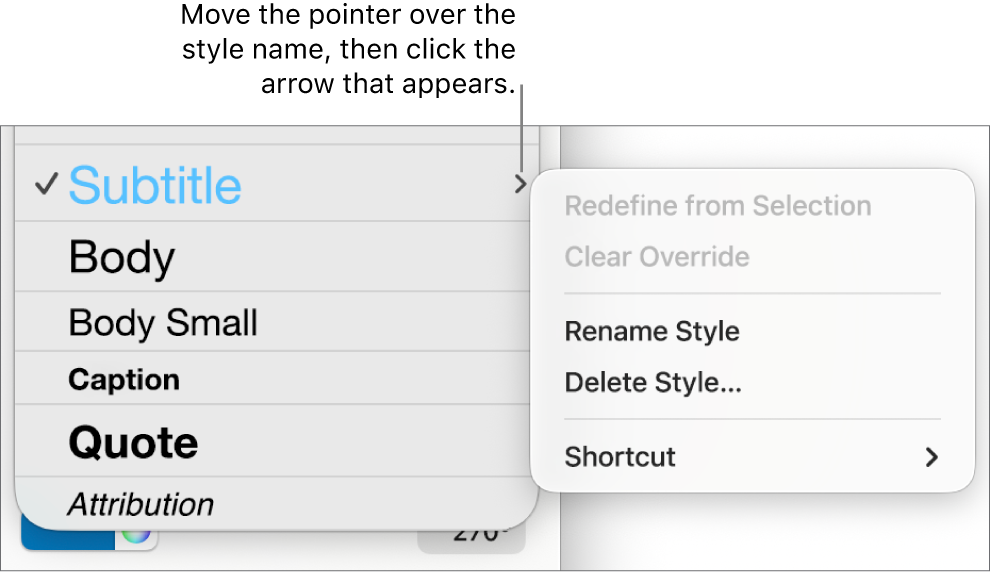 The Paragraph Styles menu with the shortcut menu open.