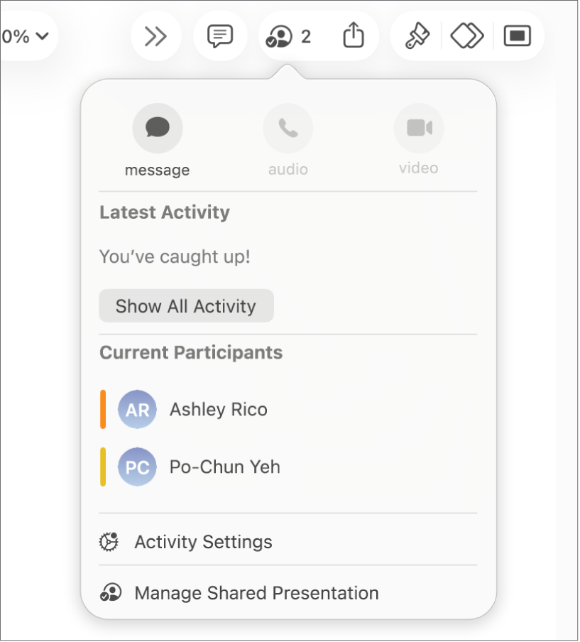 The collaboration menu showing the names of people collaborating on the presentation.