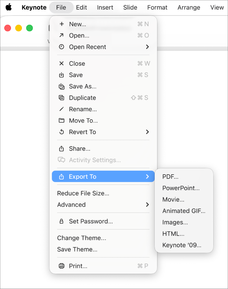 The File menu open with Export To selected and its submenu showing export options such as PDF, PowerPoint and Movie.