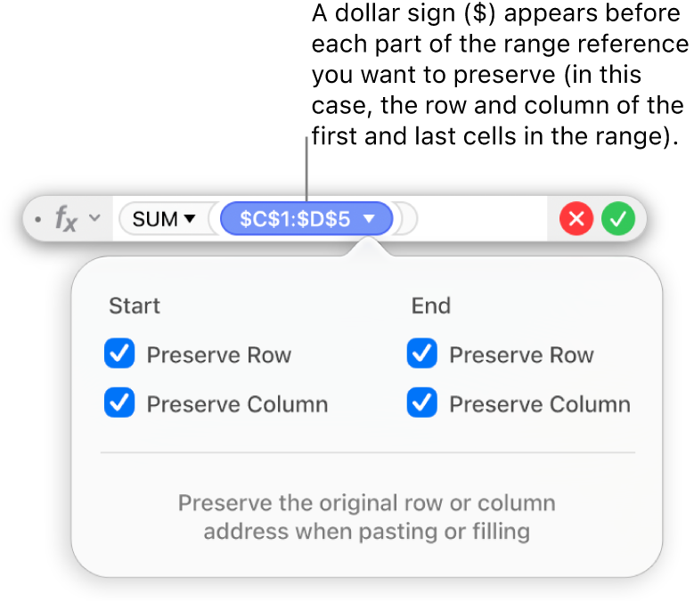 The Formula Editor showing Preserve Row and Preserve Column options selected for a certain range.