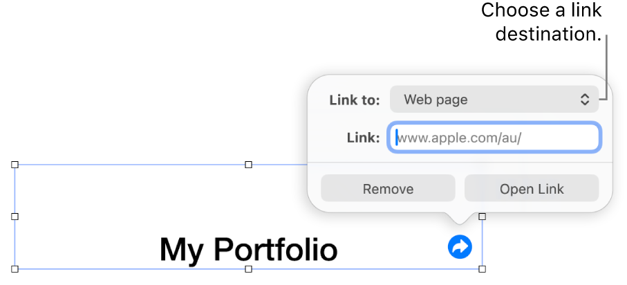 The link editor controls with Web Page selected, and the Remove and Open Link buttons at the bottom.