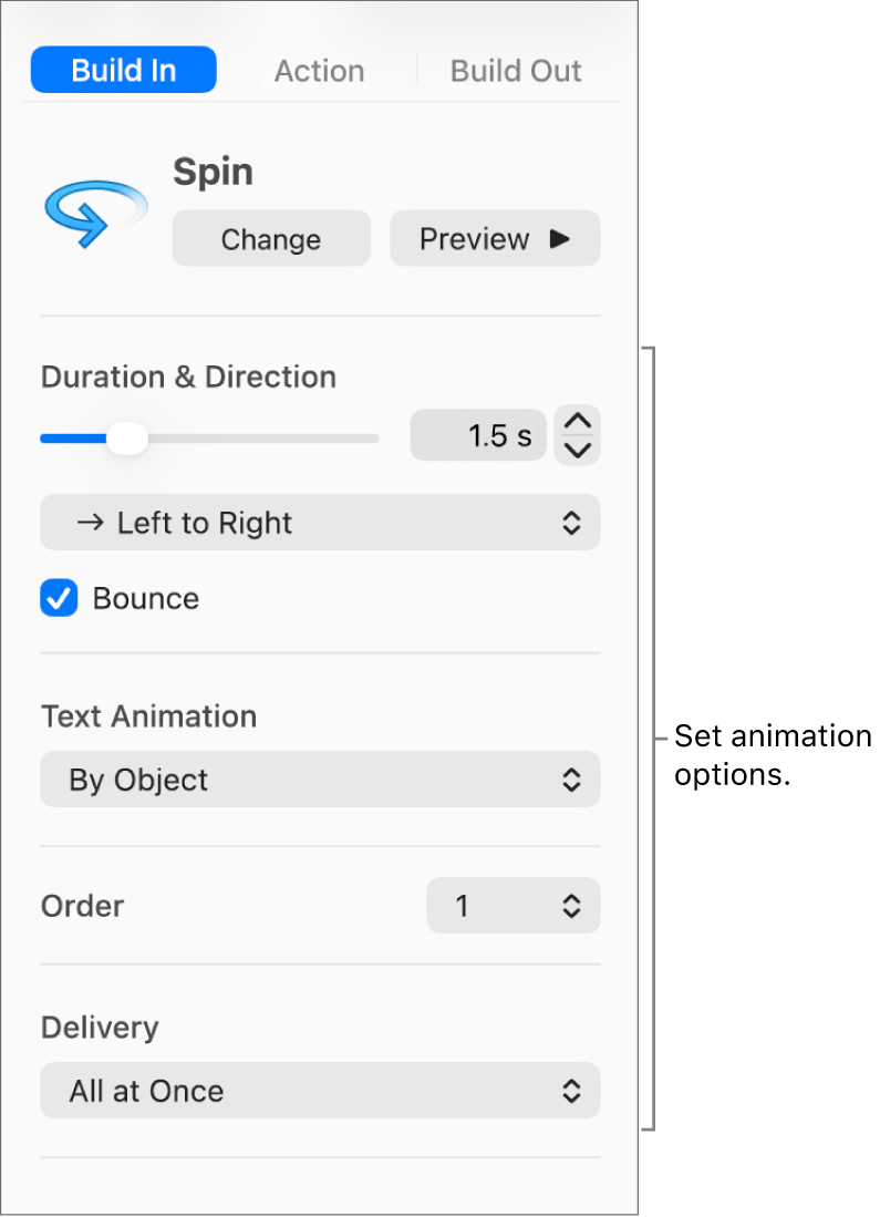 Build In options in the Animate tab of the sidebar.