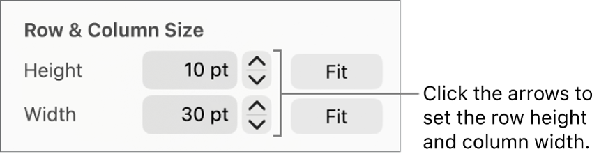The controls for setting a precise row or column size.