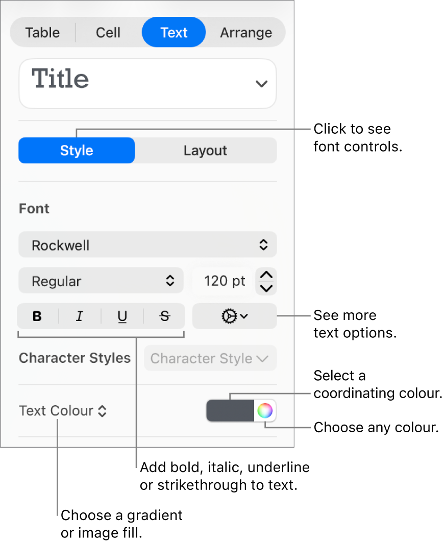 The controls for styling table text.