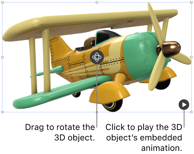A 3D object with the Rotate button in the middle of the object, and the Play button in the lower-right corner.
