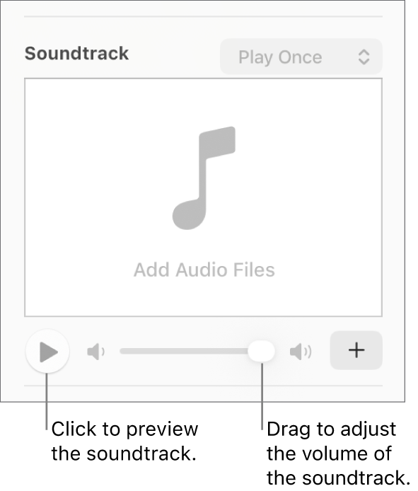The Soundtrack controls with the Play button and volume slider called out.