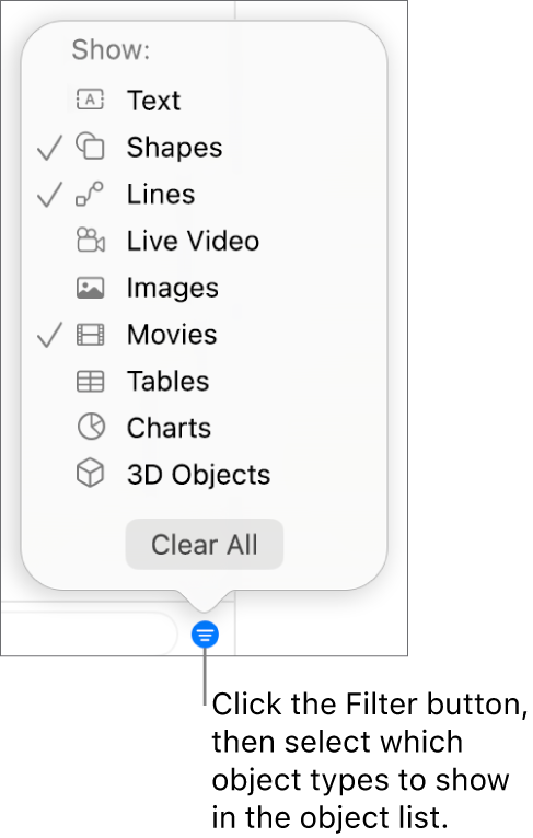 The Filter pop-up menu open, with a list of the types of objects the list can include (text, shapes, lines, images, movies, tables and charts).