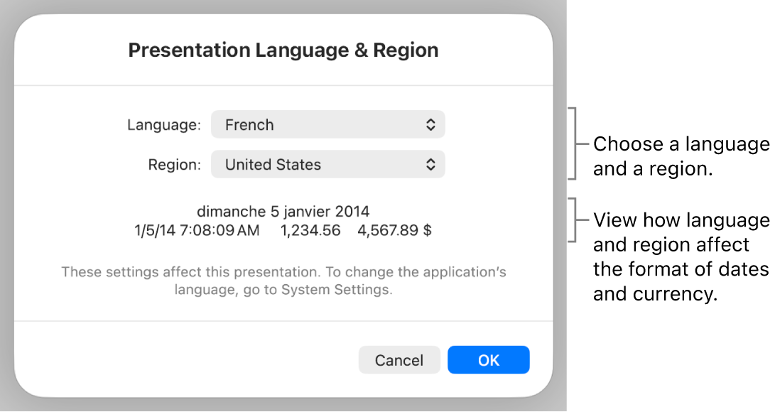 Language & Region pane with controls for language and region, and a format example including date, time, decimal and currency.