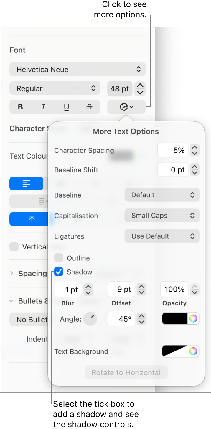 The Advanced Options open with the Shadow tickbox selected and controls for setting blur, offset, opacity, angle and colour.