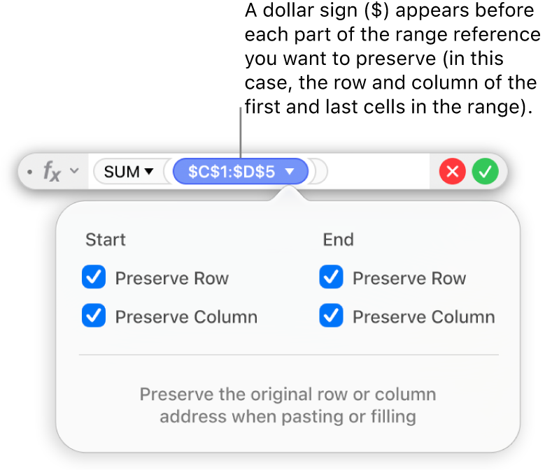 The Formula Editor showing Preserve Row and Preserve Column options selected for a certain range.