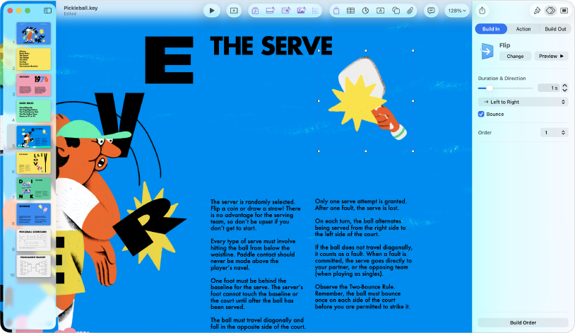 The Keynote window with a dashed line selected on the slide. The Animate sidebar with the Build In animation controls is showing on the right.
