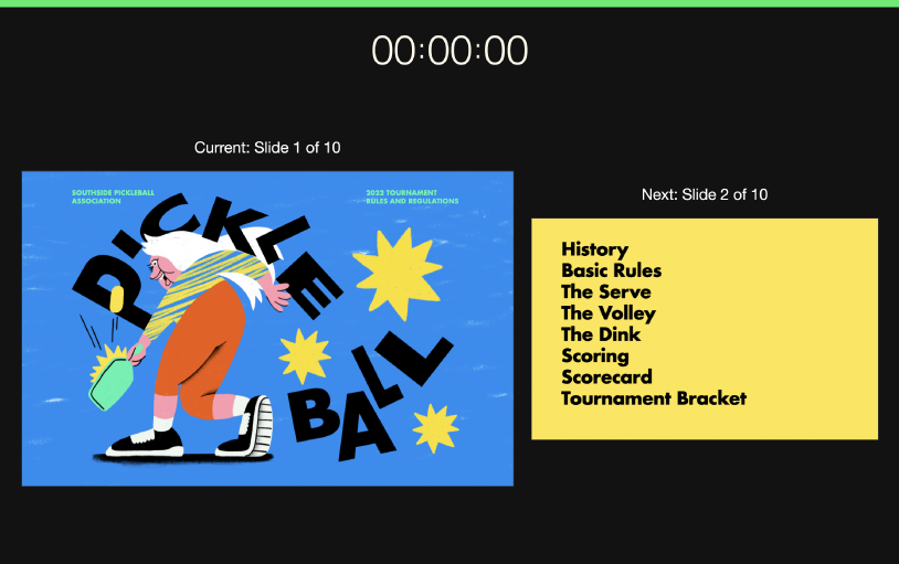 The Keynote window with the presenter view showing. The current slide is on the left with the next slide on the right. The presentation timer appears at the top of the screen.