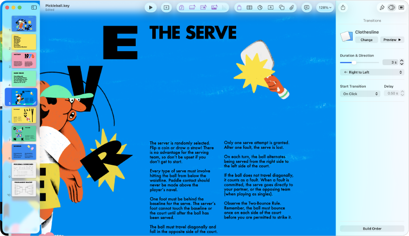 The Keynote window with a slide selected in the slide navigator on the left side of the screen. The Transitions controls appear in the Animate sidebar on the right side of the screen.