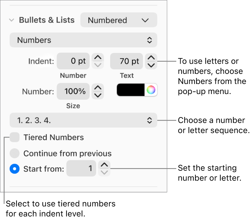 Controls for changing the number style and spacing of a list.