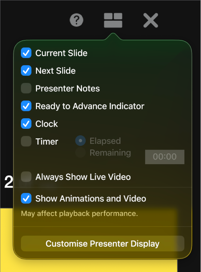 The presenter display options, including Current Slide, Next Slide, Presenter Notes, Ready to Advance Indicator, Clock and Timer. The timer has additional options to show either the time elapsed or the time remaining.