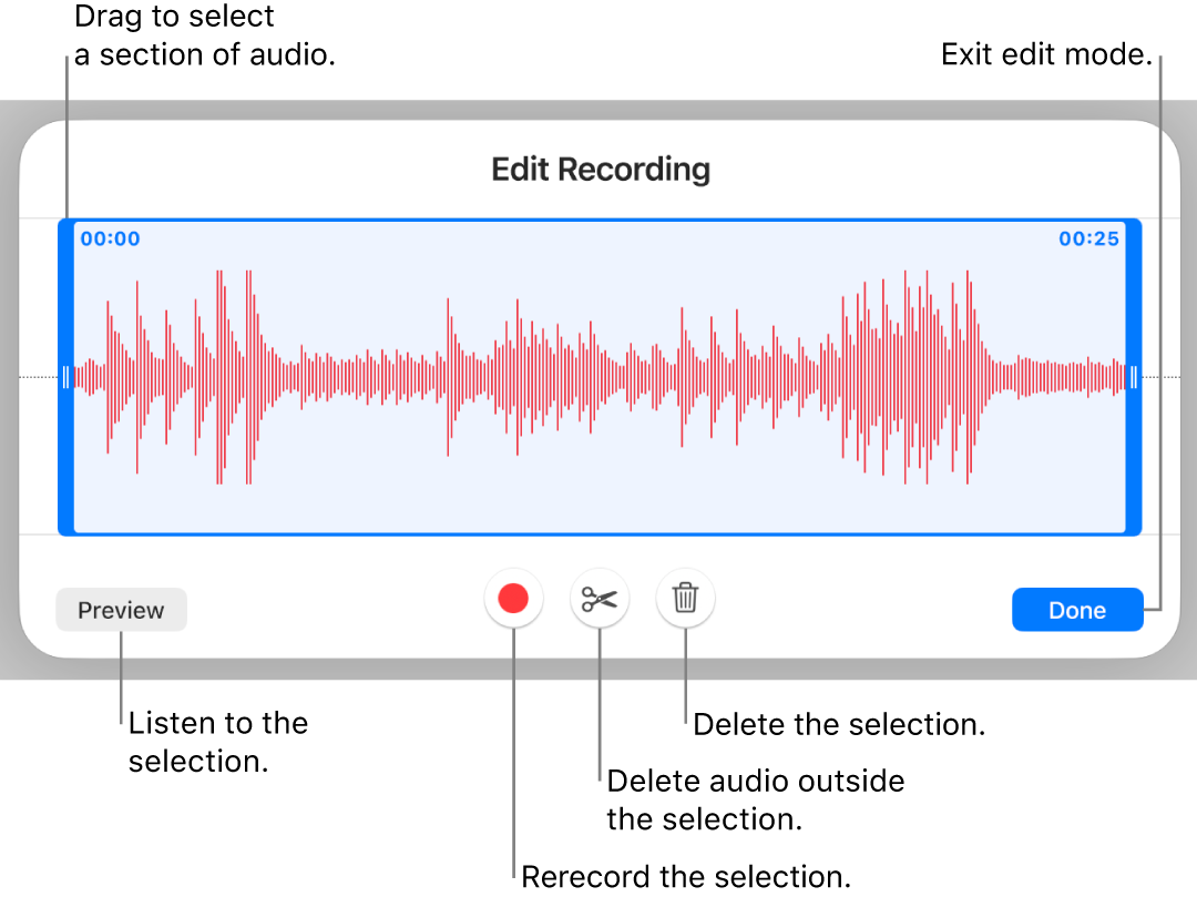 Controls for editing recorded audio. Handles indicate the selected section of the recording, and Preview, Record, Trim, Delete and Edit Mode buttons are below.