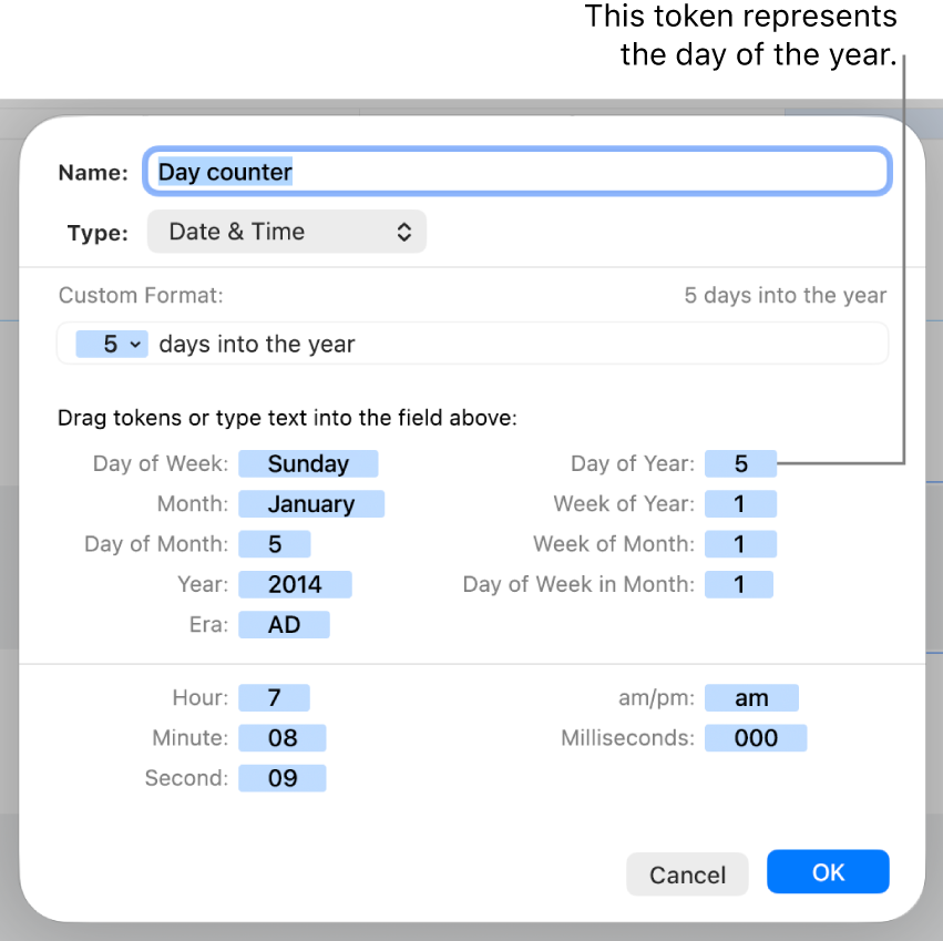 The custom cell format window with controls for creating a custom date and time format.